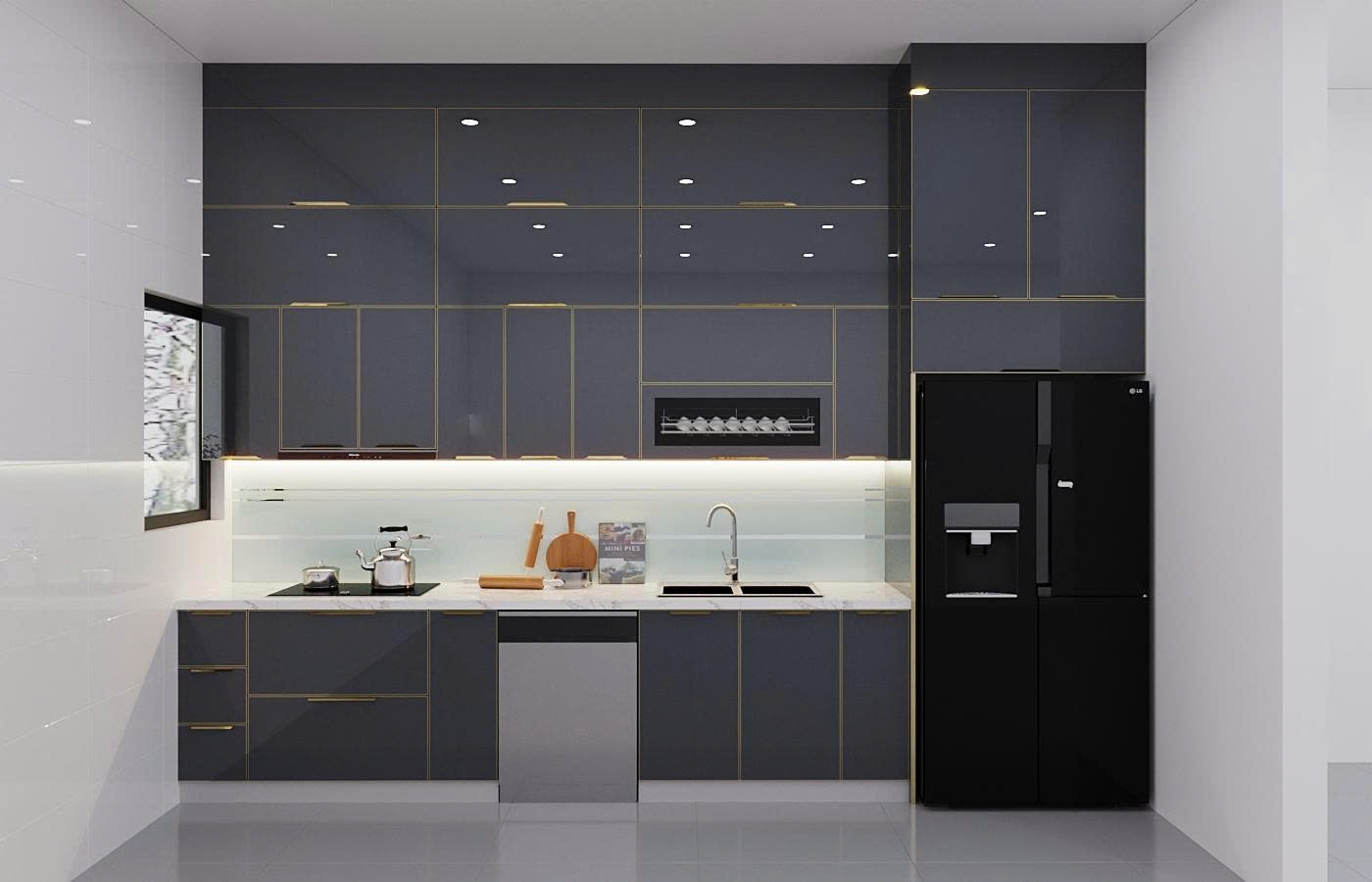 Tủ Bếp Chữ I Inox Cánh Kính Xám Đen Viền Vàng Luxury