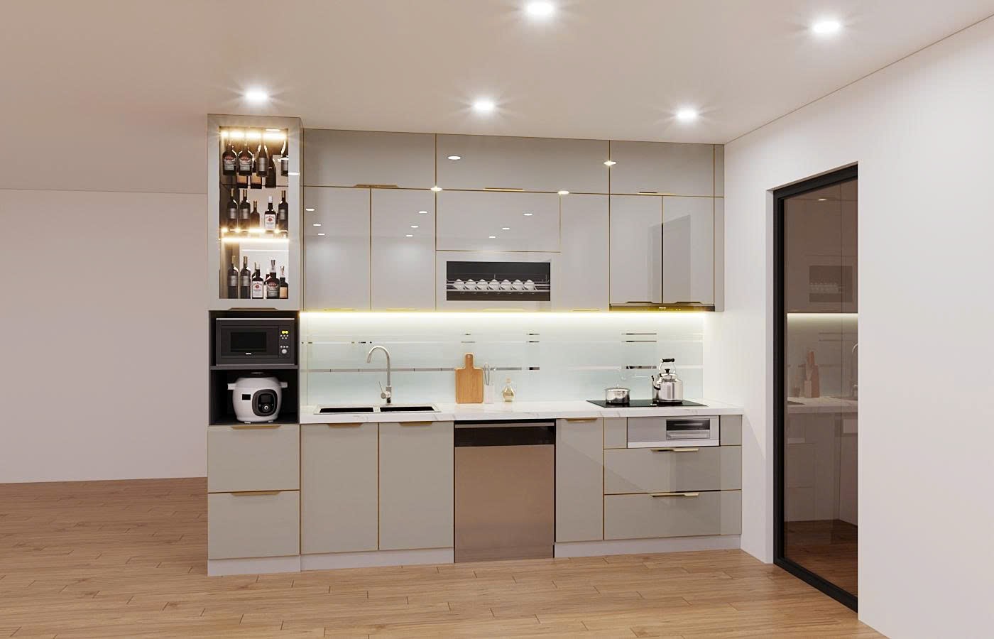 Tủ Bếp Chữ I Inox Cánh Kính Cream Trắng Cao Cấp