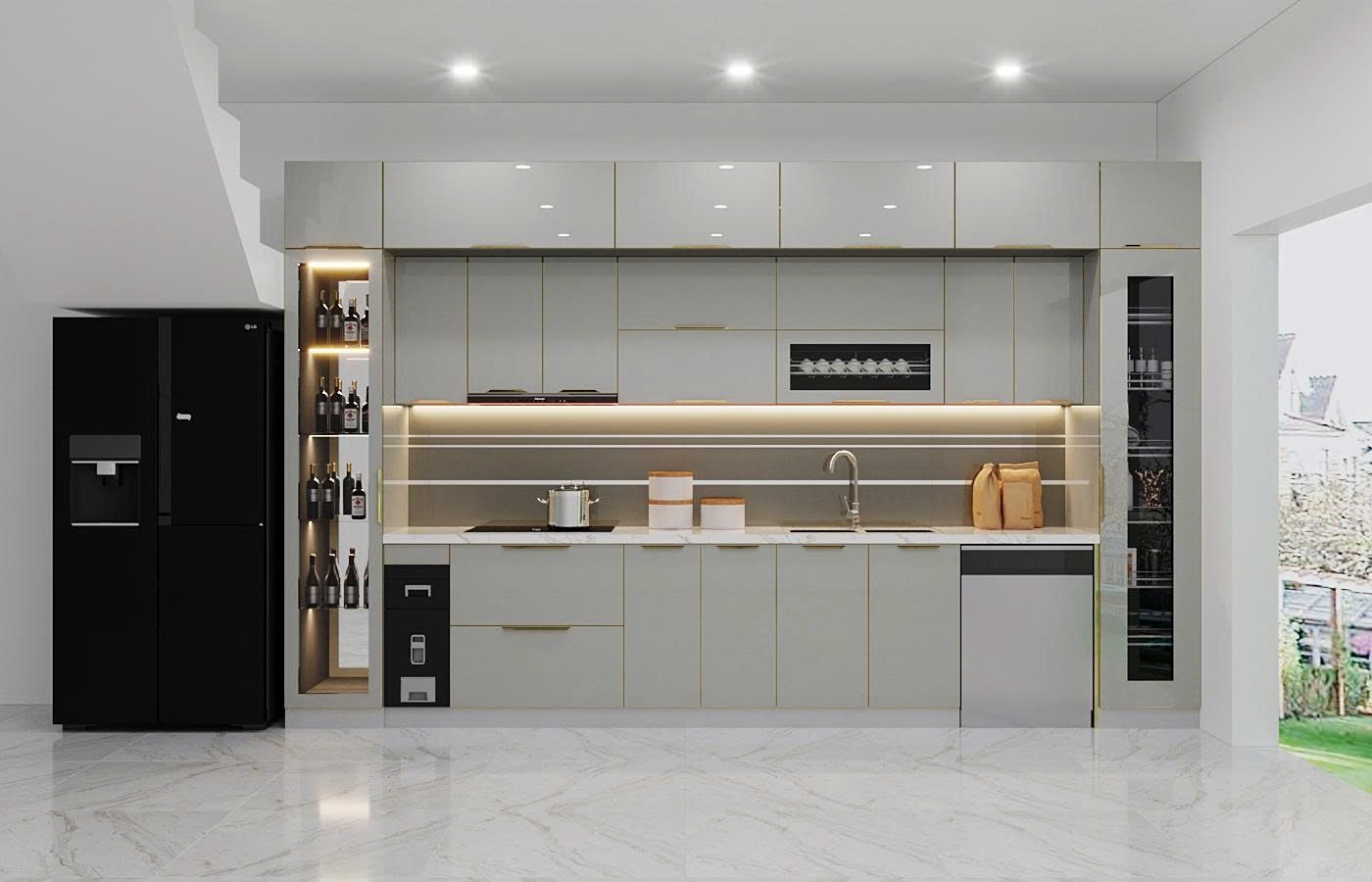 Tủ Bếp Chữ I Inox Cánh Kính Cream Trắng Cao Cấp