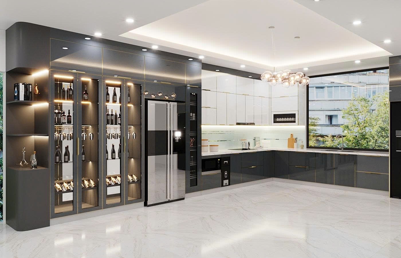 Tủ Bếp Chữ I Inox Cánh Kính Xám Đen Viền Vàng Luxury