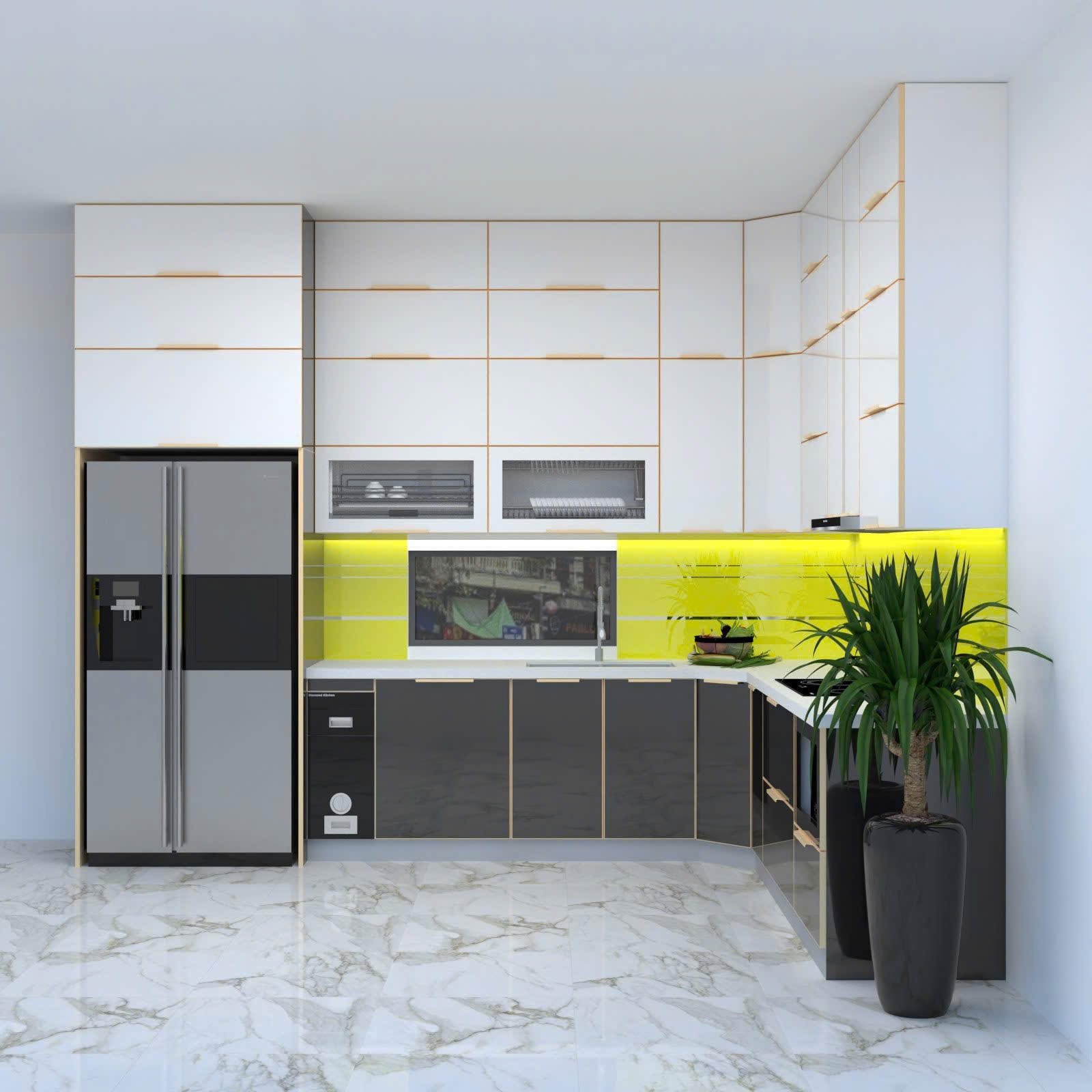 Tủ Bếp Chữ L Inox Cánh Kính Trắng Vàng Tươi Sáng
