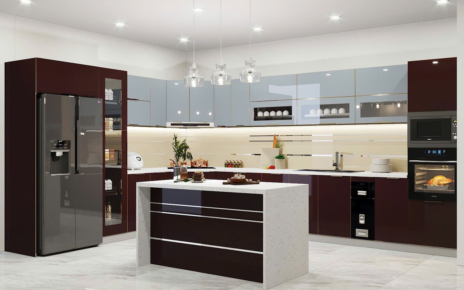 Tủ Bếp Đảo Burgundy Tân Cổ Điển