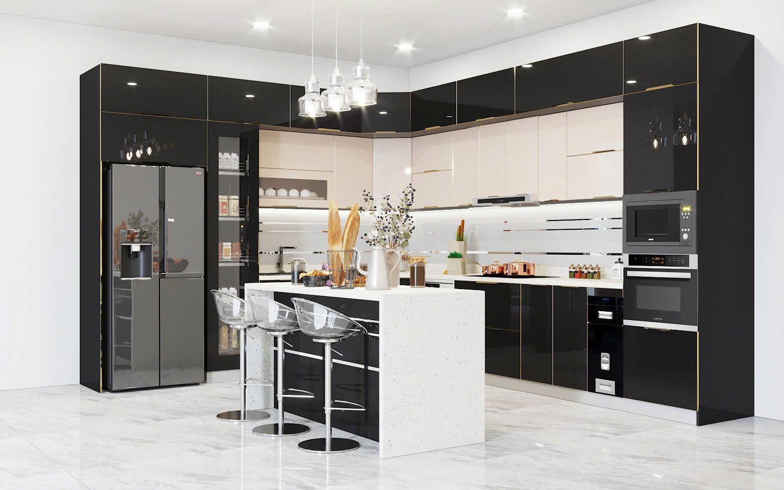 Tủ Bếp Đảo Burgundy Tân Cổ Điển